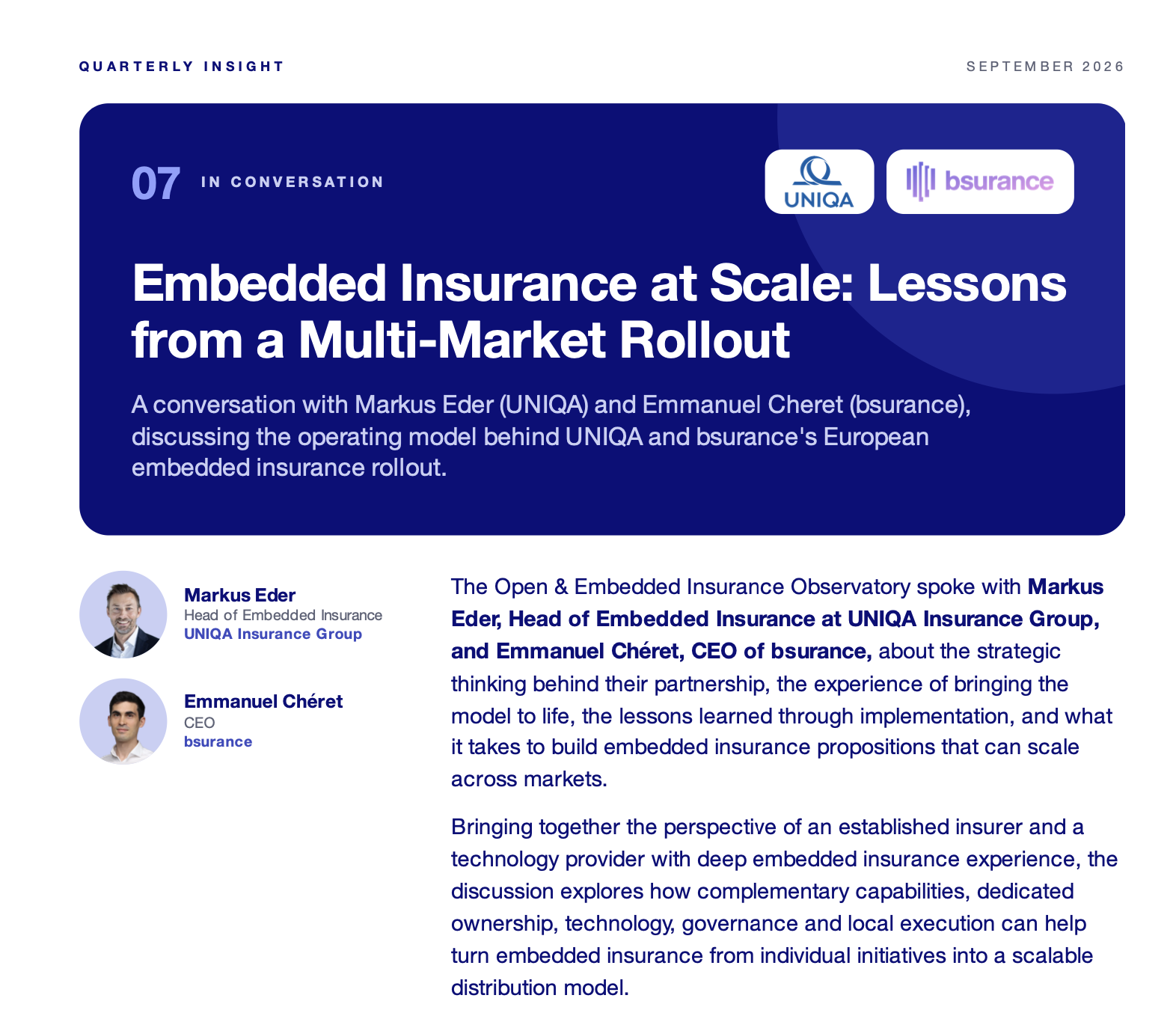 Opening page of the UNIQA × bsurance conversation in the OEIO Quarterly Insight